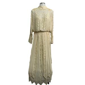 VTG Oleg Cassini Edwardian Silk Dress Wedding Ball Gown Glass Beaded Victorian